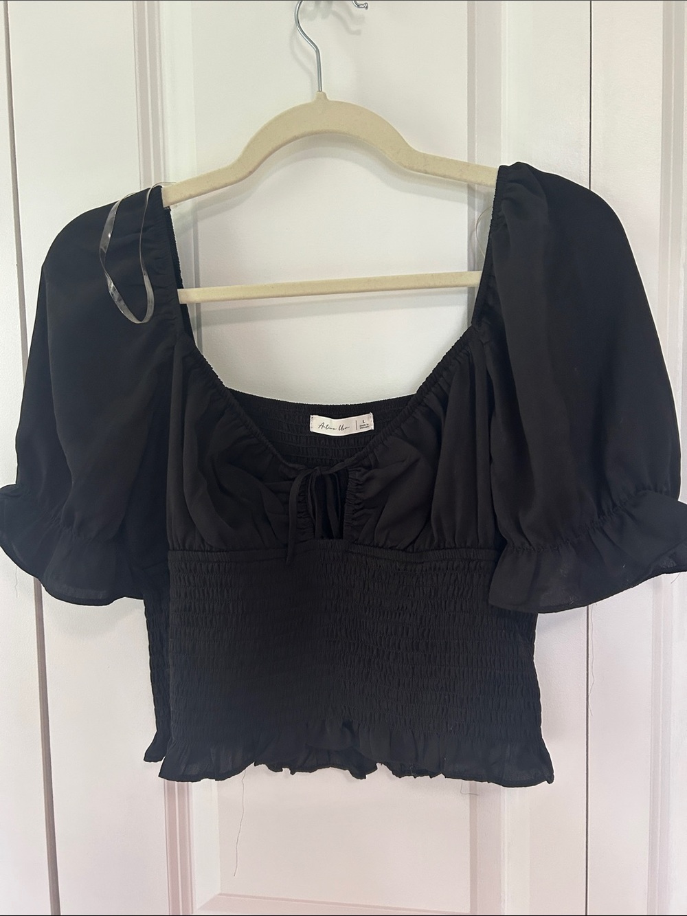 Active USA Black Smocked Puff Sleeve Crop Top